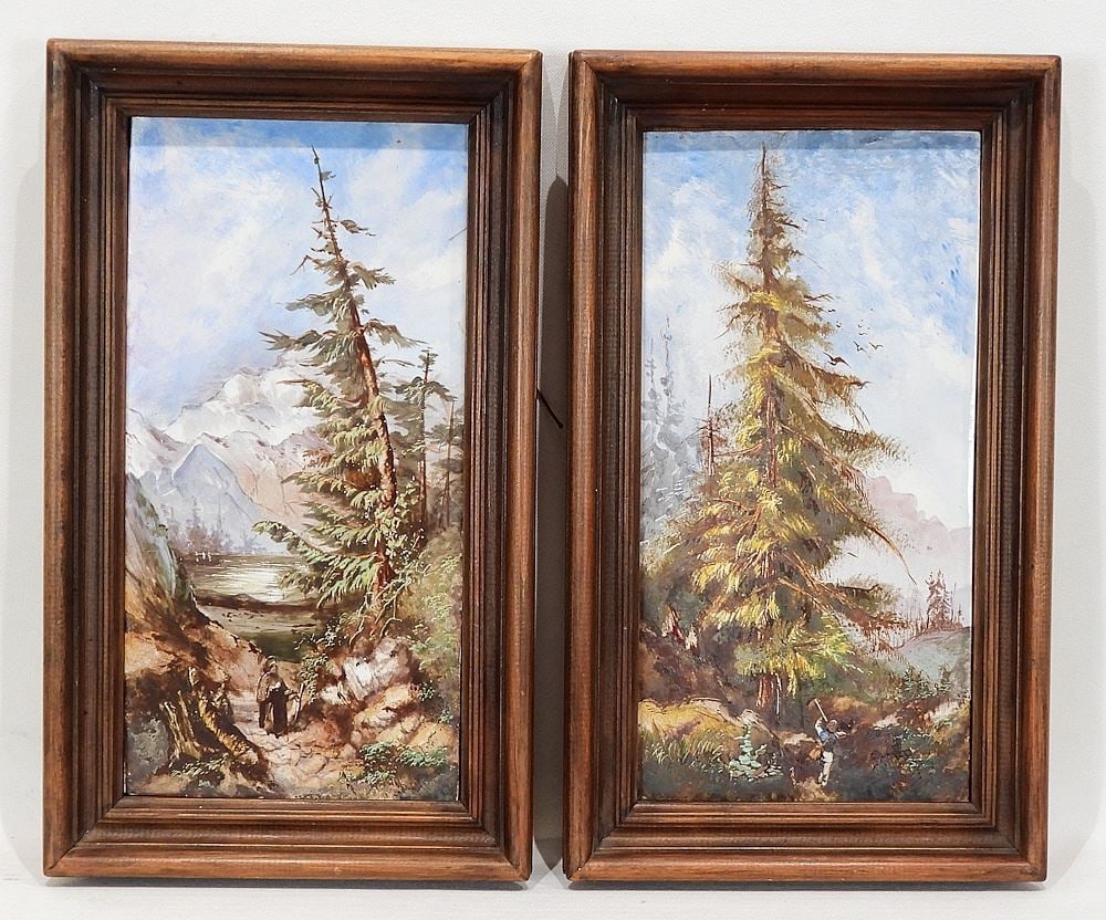 Pair of Unsigned Paintings on Porcelain, 11 1/2 x 5 3/4" "Tyrolean Scenes". (1 of 3)
