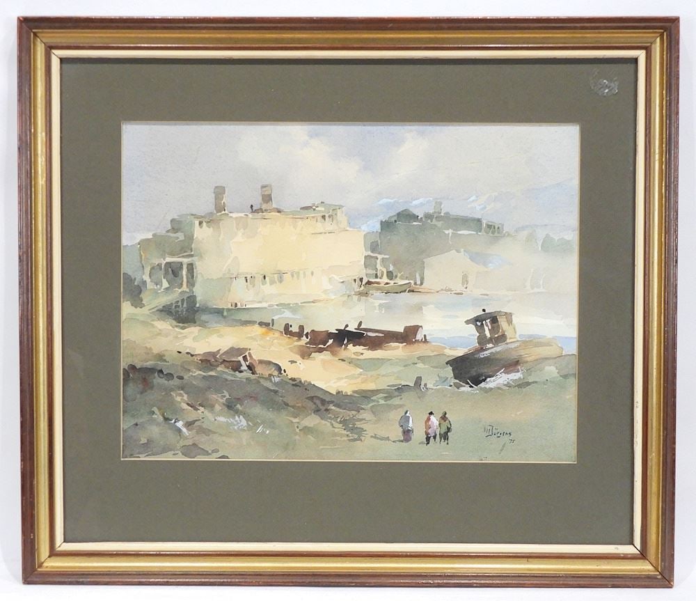 Watercolour signed W. (Werner) Jurgens '75, 10 x 13 1/2", "Harbour Scene w/Figures". (1 of 4)
