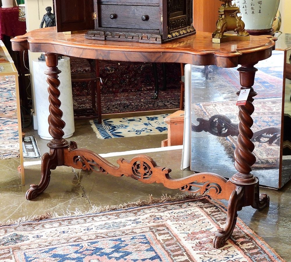 Victorian Walnut Barley Twist Stretcher Table, 42"w. (1 of 3)