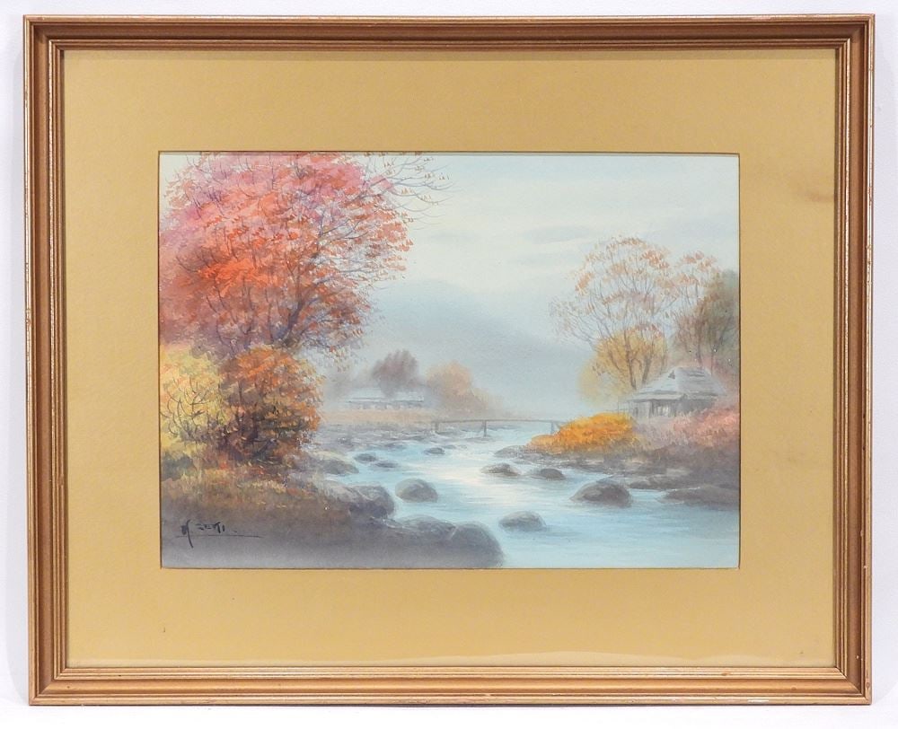 Japanese Impressionist Watercolour signed K. Seki, 9 1/8 x 12 3/4", "Bridge Vista".: Japanese Impressionist Watercolour signed K. Seki, 9 1/8 x 12 3/4", "Bridge Vista".