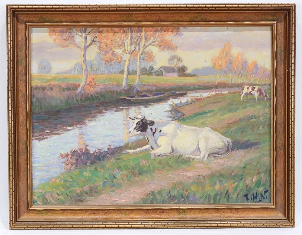 Oil on Board Monogrammed JHN, 12 x 16" "Cow Gazing Upon A Canal". (1 of 3)