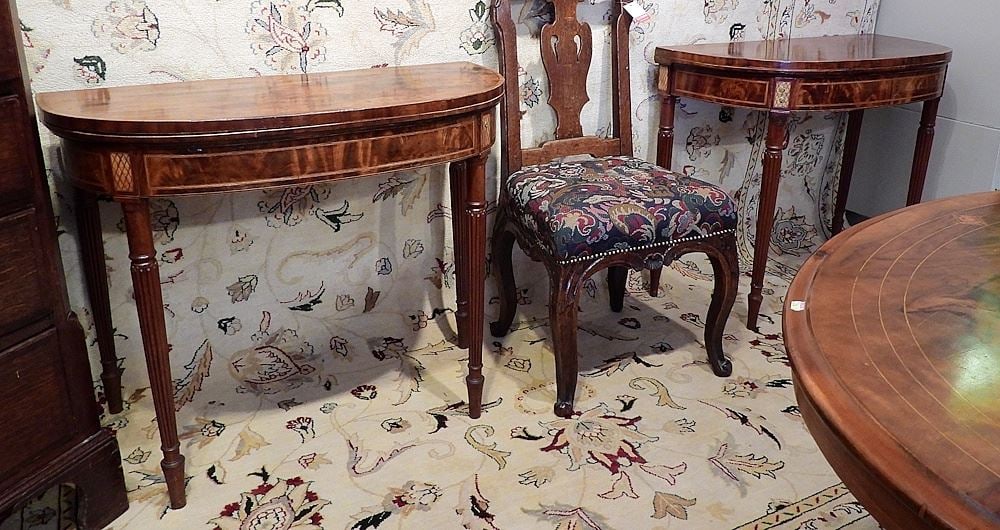 Near Pair of Banded Mahogany Games Tables, 29 5/8"h. (1 of 6)