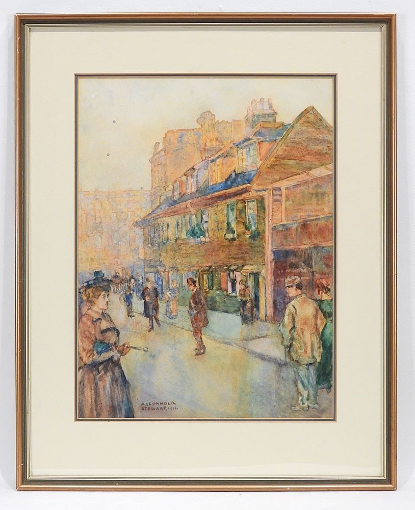 Mixed Media on Paper signed Alexander Stewart 1911, 13 1/4 x 10" , "A Glasgow Street". (1 of 3)