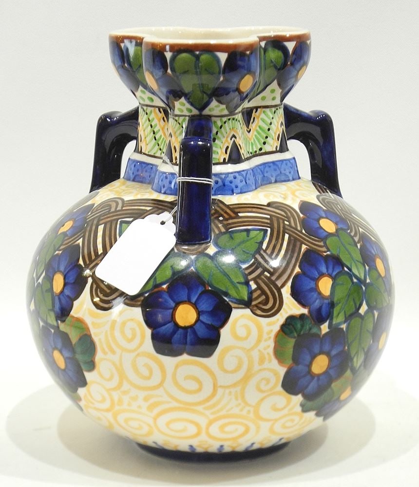 Royal Copenhagen Aluminia Denmark Hand Painted Art Pottery Vase, 9 1/2 x 9" Diameter. (1 of 3)