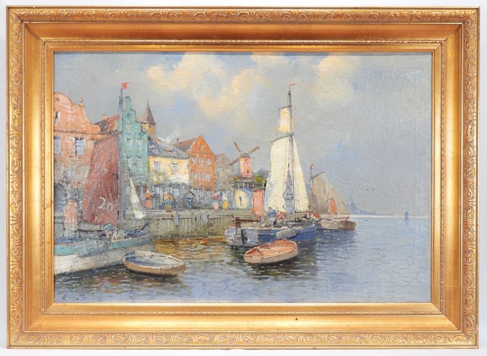 Pair of Oil on Canvas signed F. Wagner, 21 x 31 1/4" "Dutch Harbour Scenes". (1 of 6)