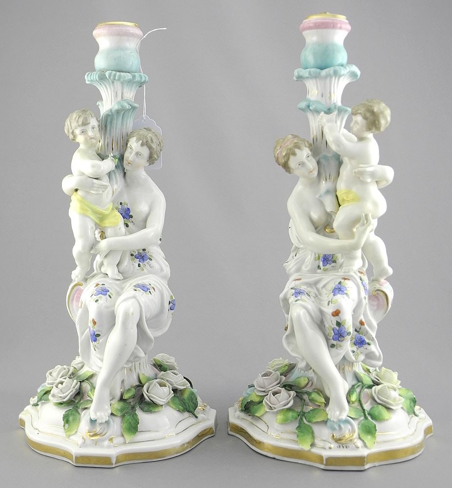 Pair of 19th C. Porcelain Candlesticks Converted to Lamps w/AR Marks, 13 1/2"h.: Pair of 19th C. Porcelain Candlesticks Converted to Lamps w/AR Marks, 13 1/2"h.