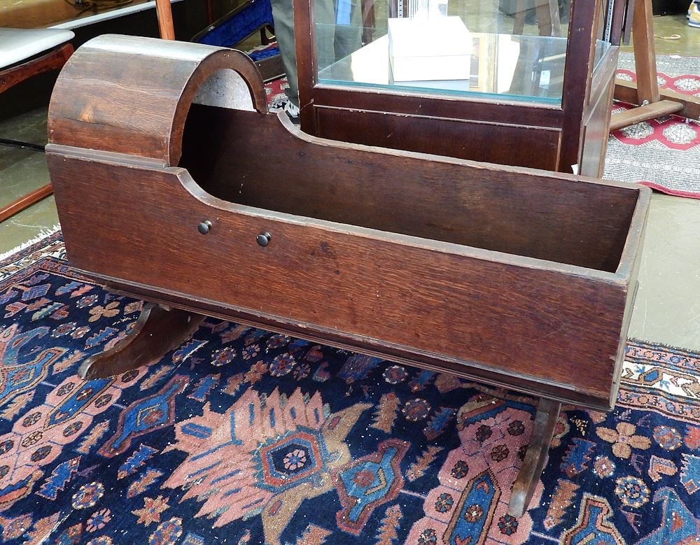 Georgian Oak Cradle with Articulated Bonnet, 24 1/2 x 38 1/2 x 24 1/2". (1 of 3)