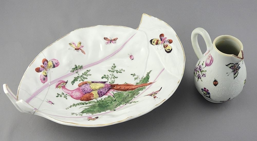 2 James Giles Decorated (restored) China Wares: Chelsea Dish (10 3/8"L) & Jug, 3 3/4"h. (1 of 4)
