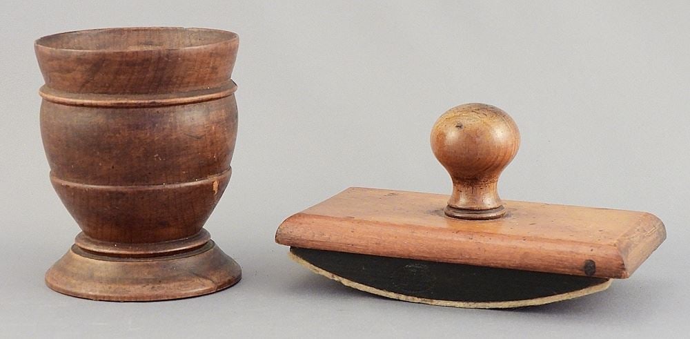 19th C. Treen Ware Pounce Pot (3 3/8"h) & A Blotter, 5"L. (1 of 3)