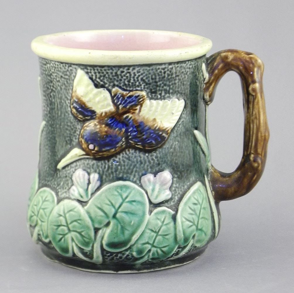English Majolica Mug, 4 1/4"h (interior crazing noted). (1 of 3)