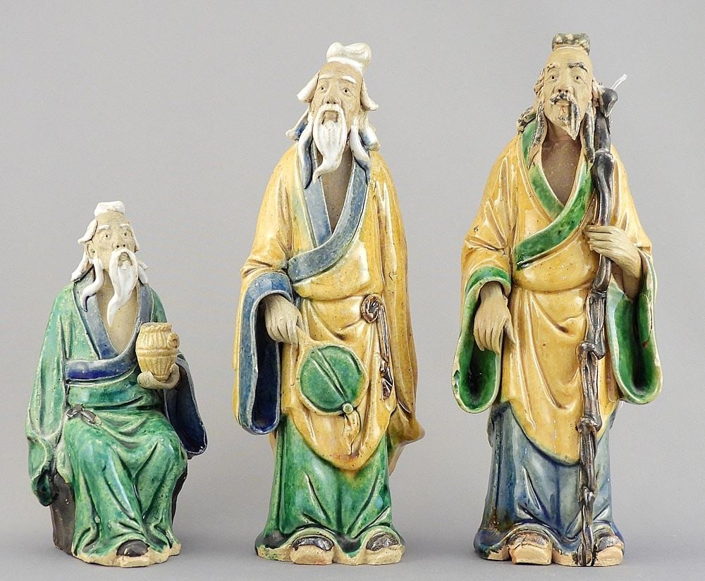 Three Chinese Shiwan Ware Figures, 5 3/8 - 7 7/8"h (one beard chipped). (1 of 4)
