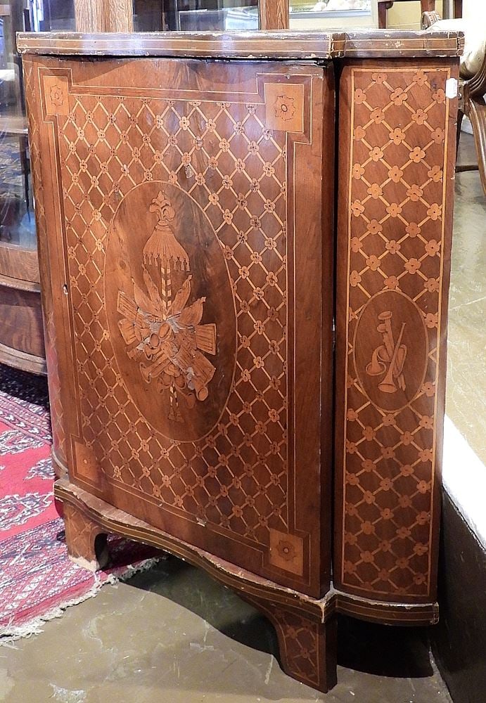 European Marquetry Corner Cabinet, 34 1/2"h (condition noted). (1 of 2)
