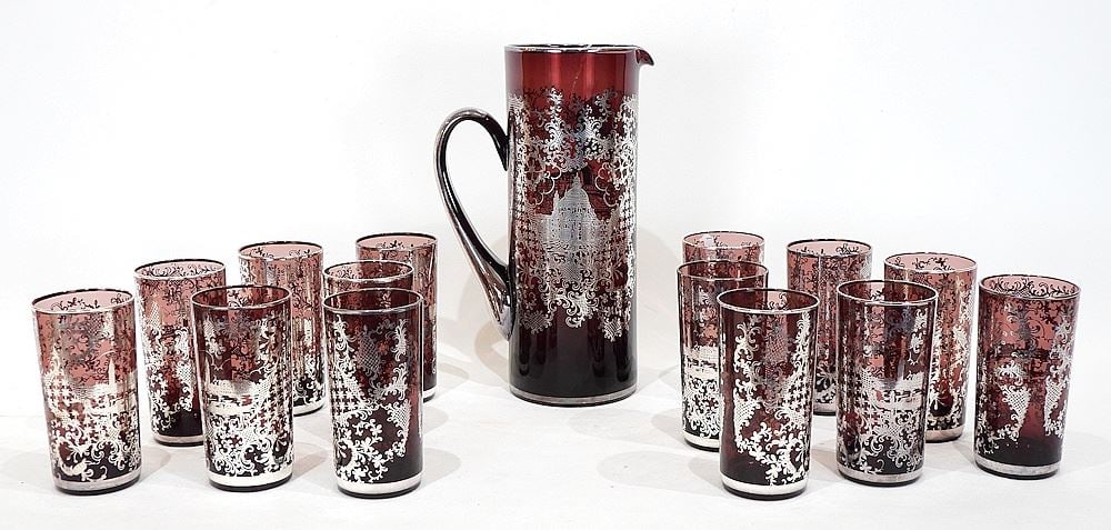 Murano Glass Silver Deposit Pitcher 14 Glasses, 10 1/4 & 4 3/4"h. (1 of 3)
