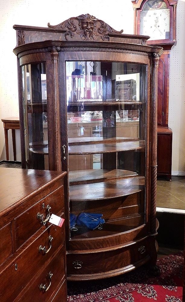 C.1890 McLagan Golden Oak North Wind Bowfront Cabinet, 66 1/4"h. (1 of 3)