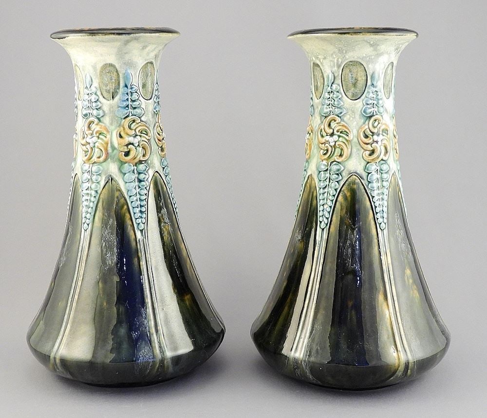 Pair of Continental Doulton-Style Pottery Vases Impressed 1042, 9 7/8" h. (1 of 3)