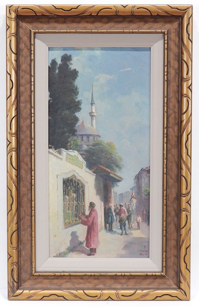 Oil on Board signed Haliq, 13 1/2 x 6 1/2", "Narrow Street with Minaret": Oil on Board signed Haliq, 13 1/2 x 6 1/2", "Narrow Street with Minaret"
