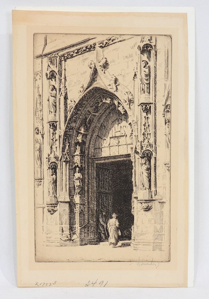 Etching signed (Otto J) Schneider, Plate 9 1/2 x 5 3/4" "Portal de l'Eglise Saint Nicolas" (1 of 3)