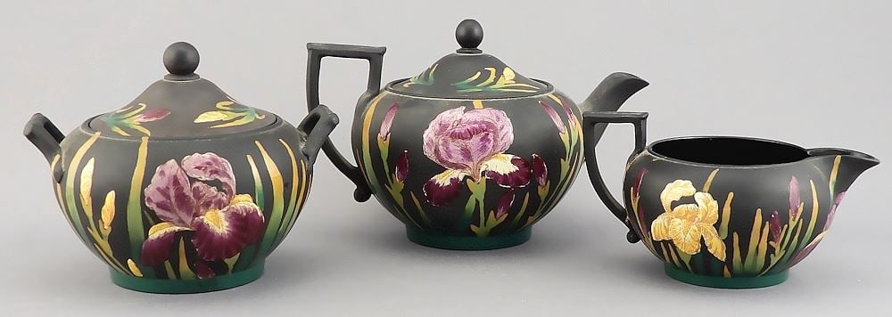 Wedgwood Basalt 3 pc Iris Decorated Tea Set Pot, 5 5/8"L. (1 of 6)