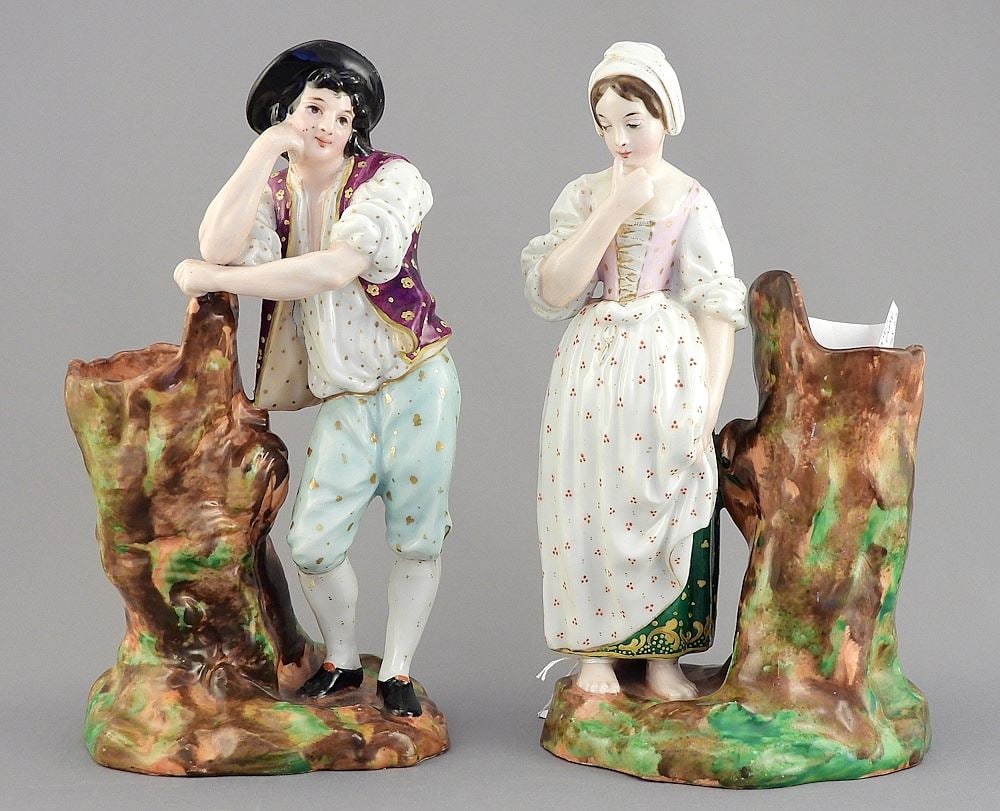 Pair of Regency (C1810-30) Pearlware Figuries with Cobalt Markings, 8"h.: Pair of Regency (C1810-30) Pearlware Figuries with Cobalt Markings, 8"h.