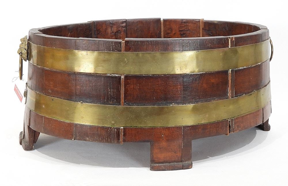 Georgian Brass Bound Mahogany Barrel Form Jardiniere, 9 1/8 x 21 1/4 x 16".: Georgian Brass Bound Mahogany Barrel Form Jardiniere, 9 1/8 x 21 1/4 x 16".