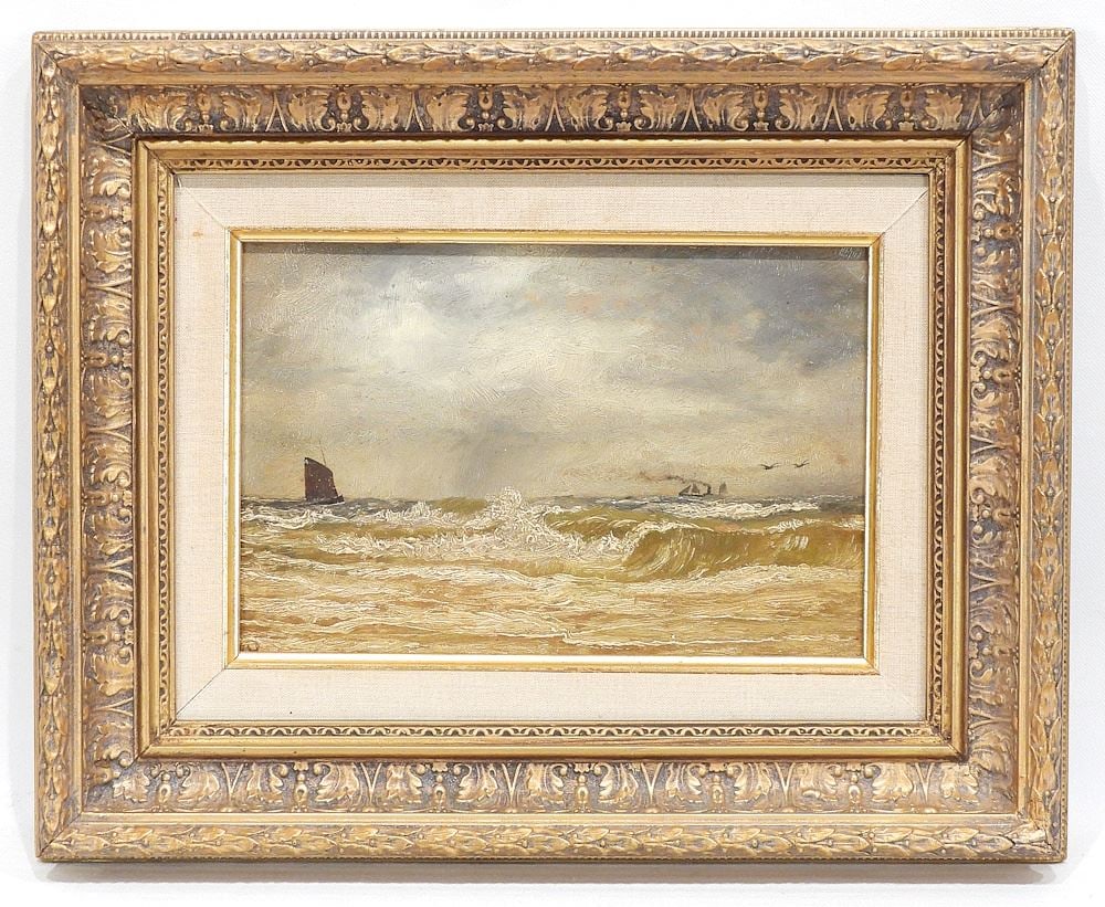 Oil on Board Monogrammed CR??CH?, 6 1/2 x 9 5/8", "Steam Sailer & Sailboat".: Oil on Board Monogrammed CR??CH?, 6 1/2 x 9 5/8", "Steam Sailer & Sailboat".