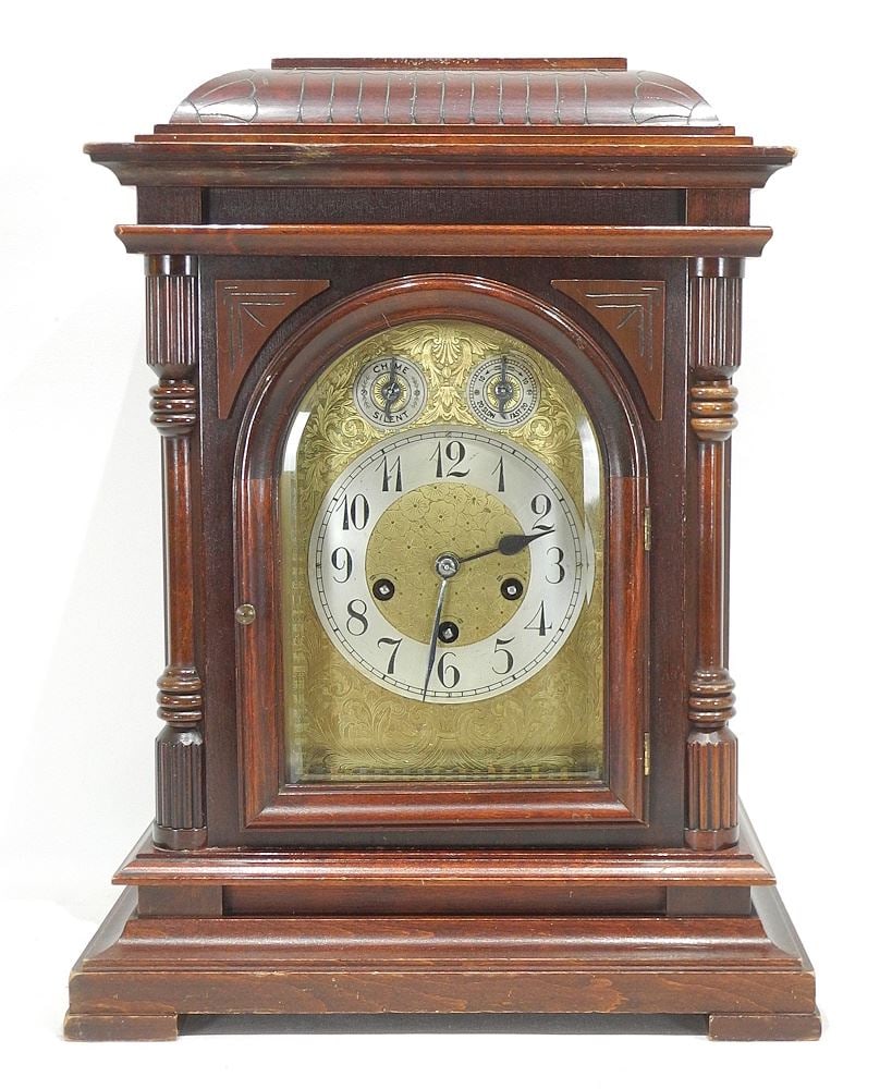 Mahogany Mantle Clock w/Junghans Movement, 17 3/4"h. (1 of 5)