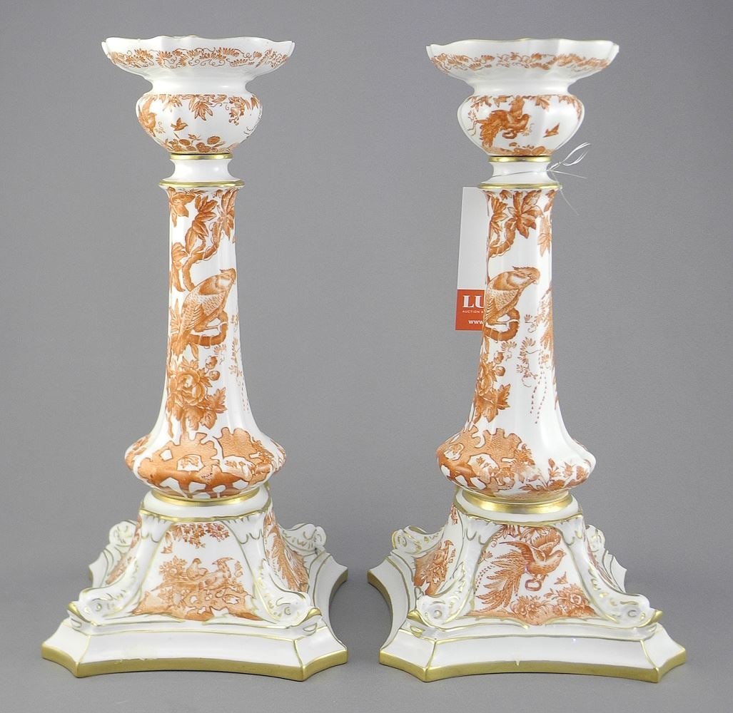 Pair of Royal Crown Derby Porcelain Candlesticks, 10 3/4". (1 of 4)