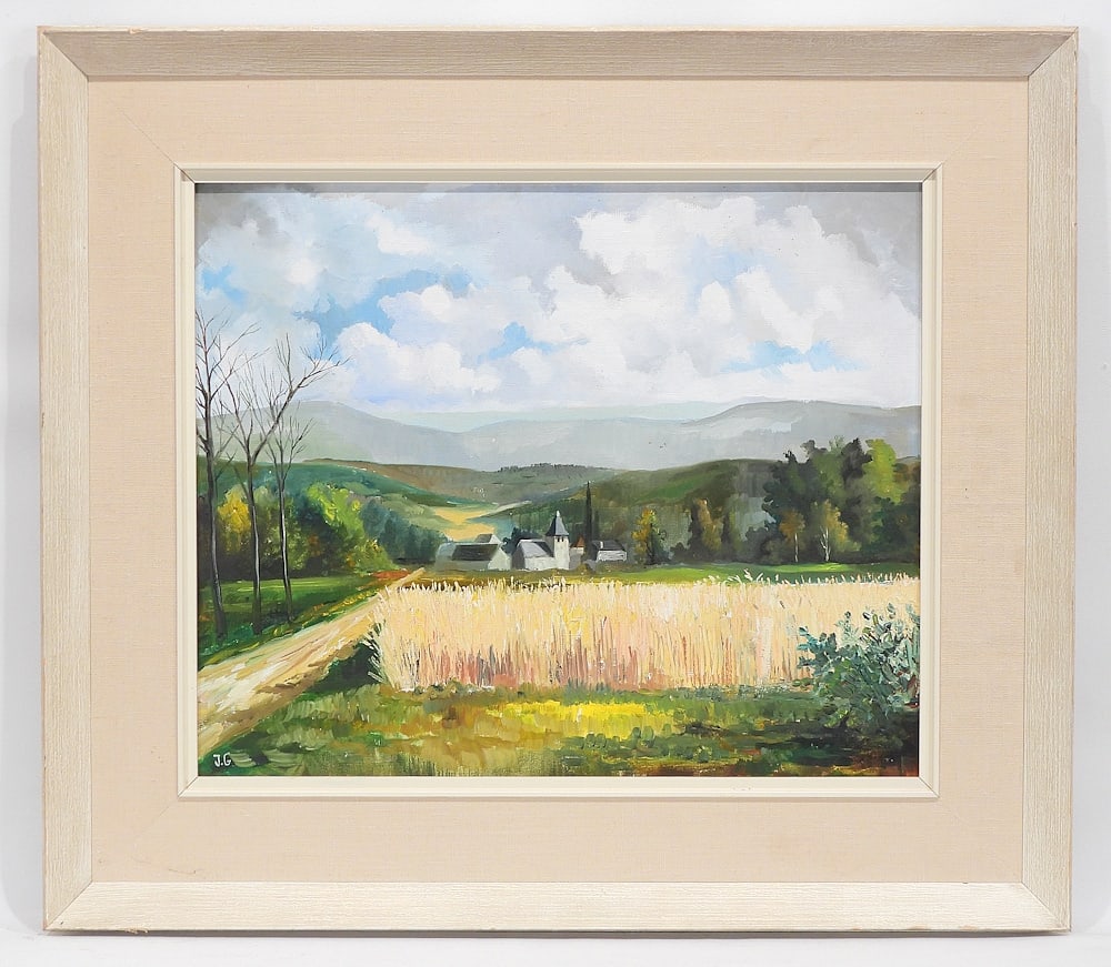 Oil on Canvas Board Monogrammed JG, 15 x 18", "Landscape with Church".: Oil on Canvas Board Monogrammed JG, 15 x 18", "Landscape with Church".