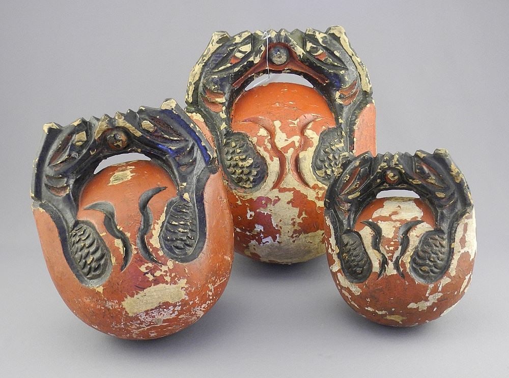 Three Japanese Mokgyo Buddhist Temple Wood Fish Bells, 5 3/8 - 8 1/4"h. (1 of 3)