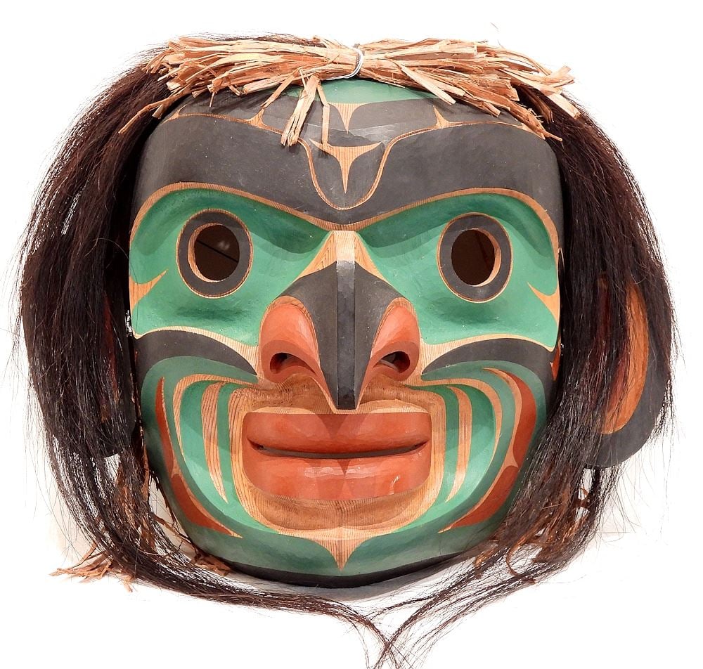Kwagiulth Mask signed Tom Hunt '91, 12 5/8"h, "Bak'was". (1 of 2)