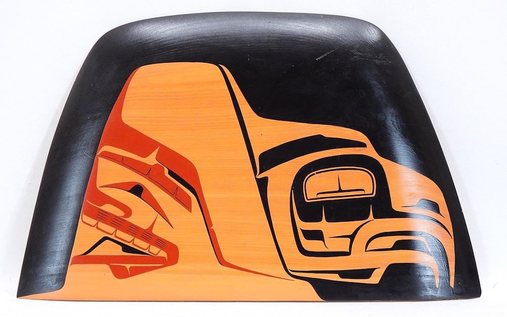 Haida Painted Plaque signed Alvin Mack '98 Bella Coola BC, 18 3/4"L, "Transforming Eagle".: Haida Painted Plaque signed Alvin Mack '98 Bella Coola BC, 18 3/4"L, "Transforming Eagle".