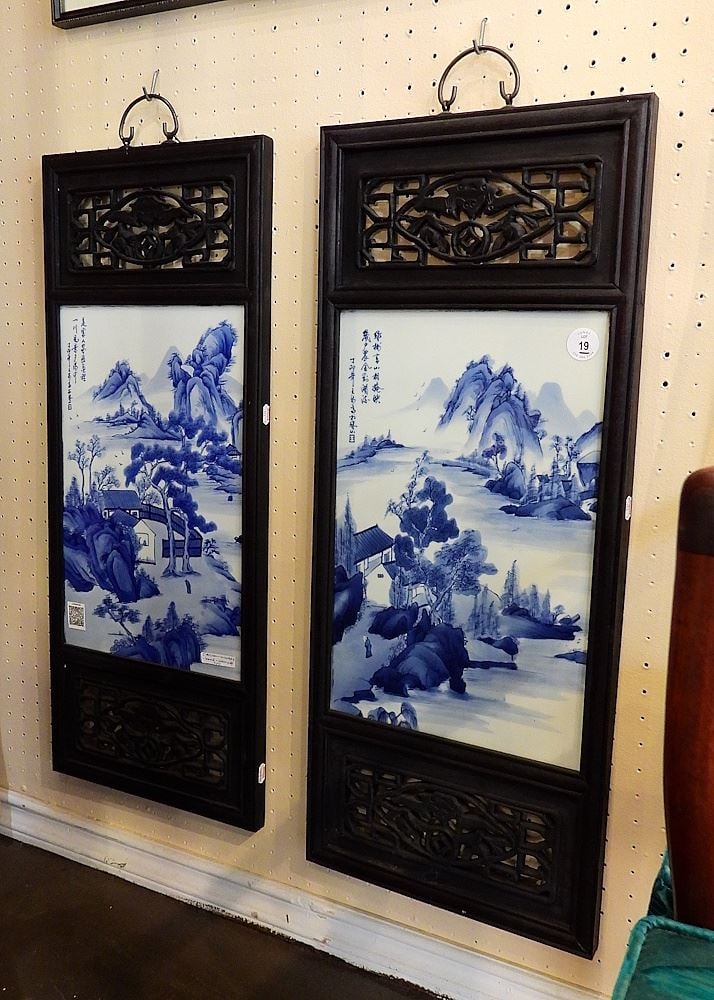 Pair of Chinese Blue & White Porcelain Panels, 16 1/2 x 10 1/2". (1 of 1)