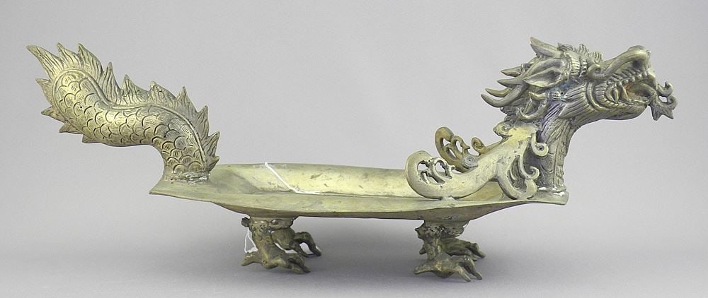 Chinese White Metal "Dragon" Dish, 16"L, 1390g.: Chinese White Metal "Dragon" Dish, 16"L, 1390g.