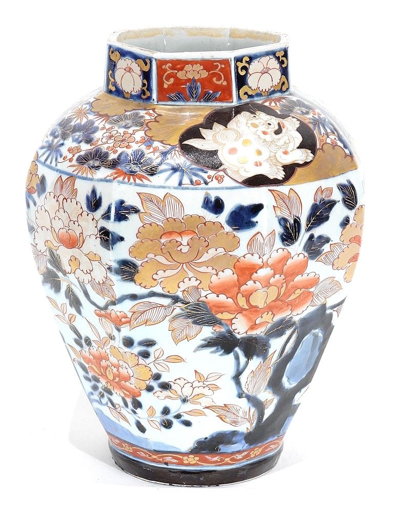 Antique Arita Imari Octagonal Vase, 12 7/8"h (star crack in base).: Antique Arita Imari Octagonal Vase, 12 7/8"h (star crack in base).