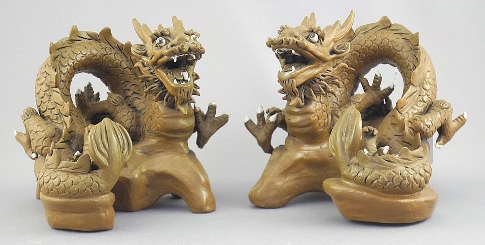 Pair of Chinese Shiwan Ware Writhing Dragons, Each 5 1/4 x 5 1/2 x 6".: Pair of Chinese Shiwan Ware Writhing Dragons, Each 5 1/4 x 5 1/2 x 6".
