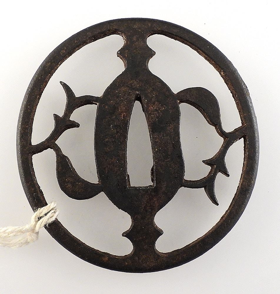 Japanese Edo Iron Tsuba, 2 3/8 x 2 1/4", 42g. (1 of 2)