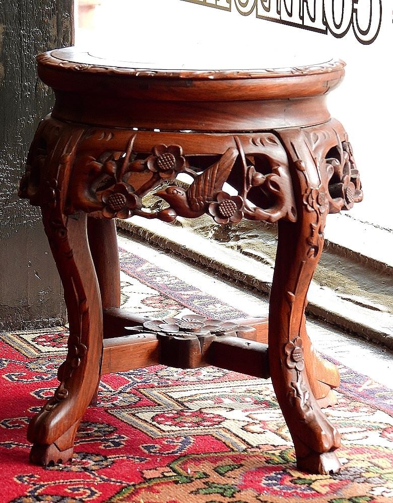 Chinese Rosewood Stone Inset Jardiniere Stand, 13 1/2"h.: Chinese Rosewood Stone Inset Jardiniere Stand, 13 1/2"h.