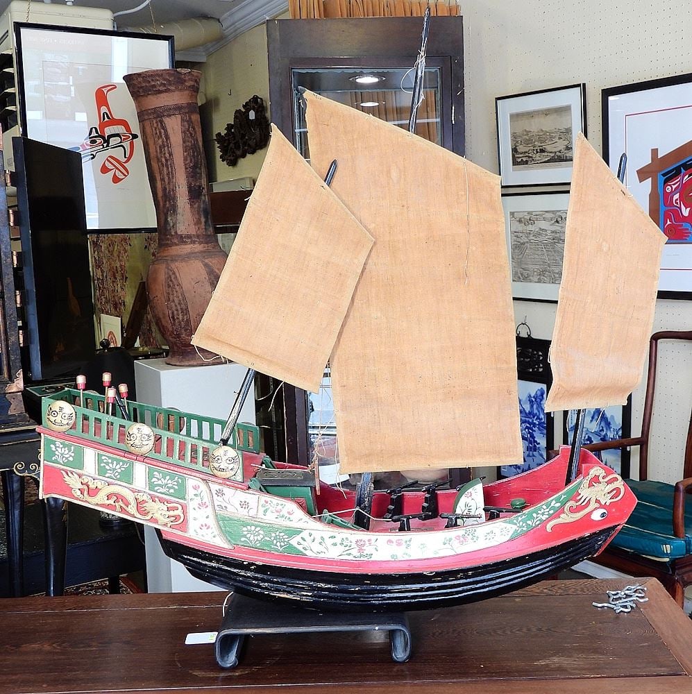 Chinese Model Junk Mounted w/ Cannons, 28"L. (1 of 2)