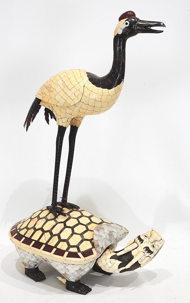 Chinese Tessellated Bone/Horn/MOP "Crane & Turtle" Sculpture, 21 1/2"h (1 of 5)