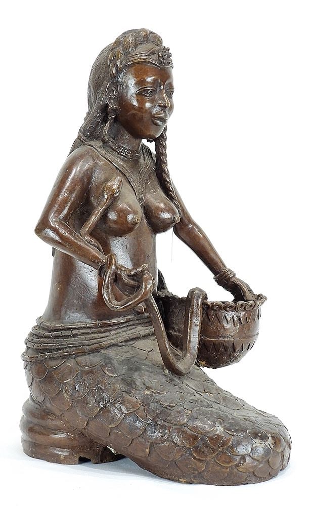 Benin Bronze Mermaid Snake Handler, 19 1/2". (1 of 3)