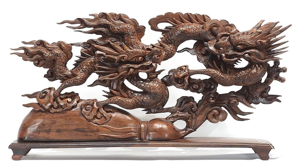 Chinese Hardwood "Dragons Chasing Pearls" Sculpture, 26"L (chips noted ). (1 of 3)