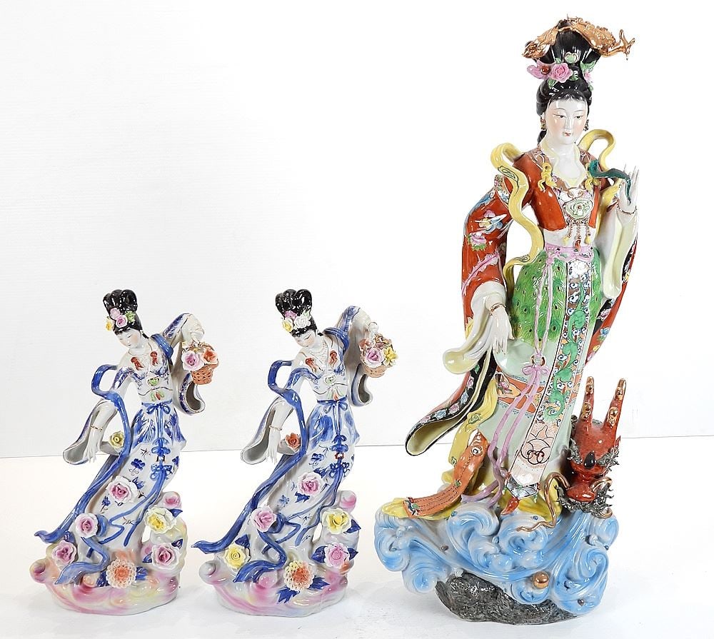 Three Chinese Porcelain Celestial Maidens, 20 & 33"h.: Three Chinese Porcelain Celestial Maidens, 20 & 33"h.