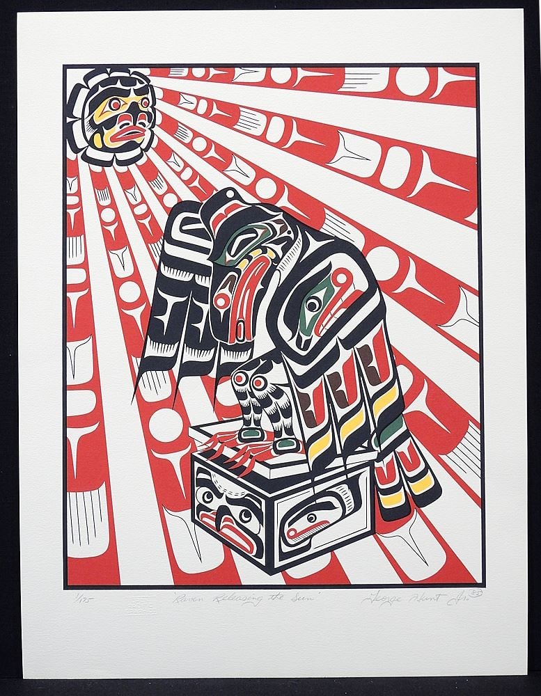Kwagiulth Serigraph signed George Hunt Jr., 19 1/2 x 15", "Raven Releasing Sun" #1/175. (1 of 2)