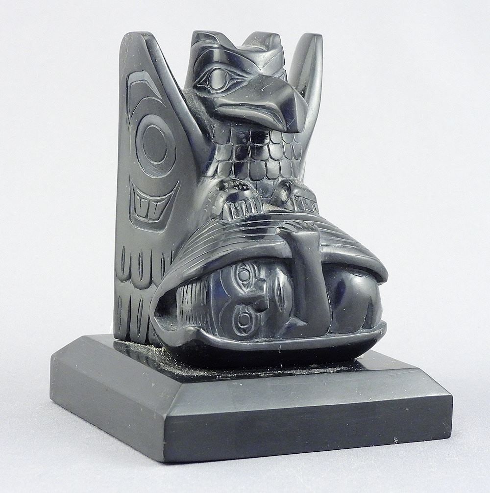 Haida Argillite Carving signed Greg Lightbown, 4"h, "Raven Creating Man" (small chip).: Haida Argillite Carving signed Greg Lightbown, 4"h, "Raven Creating Man" (small chip).