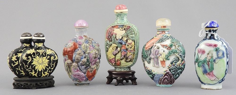 Five Porcelain Snuff Bottles: 3 Molded (1 rim chip) - Famille Rose & Noir, 2 - 3 1/8"h. (1 of 4)