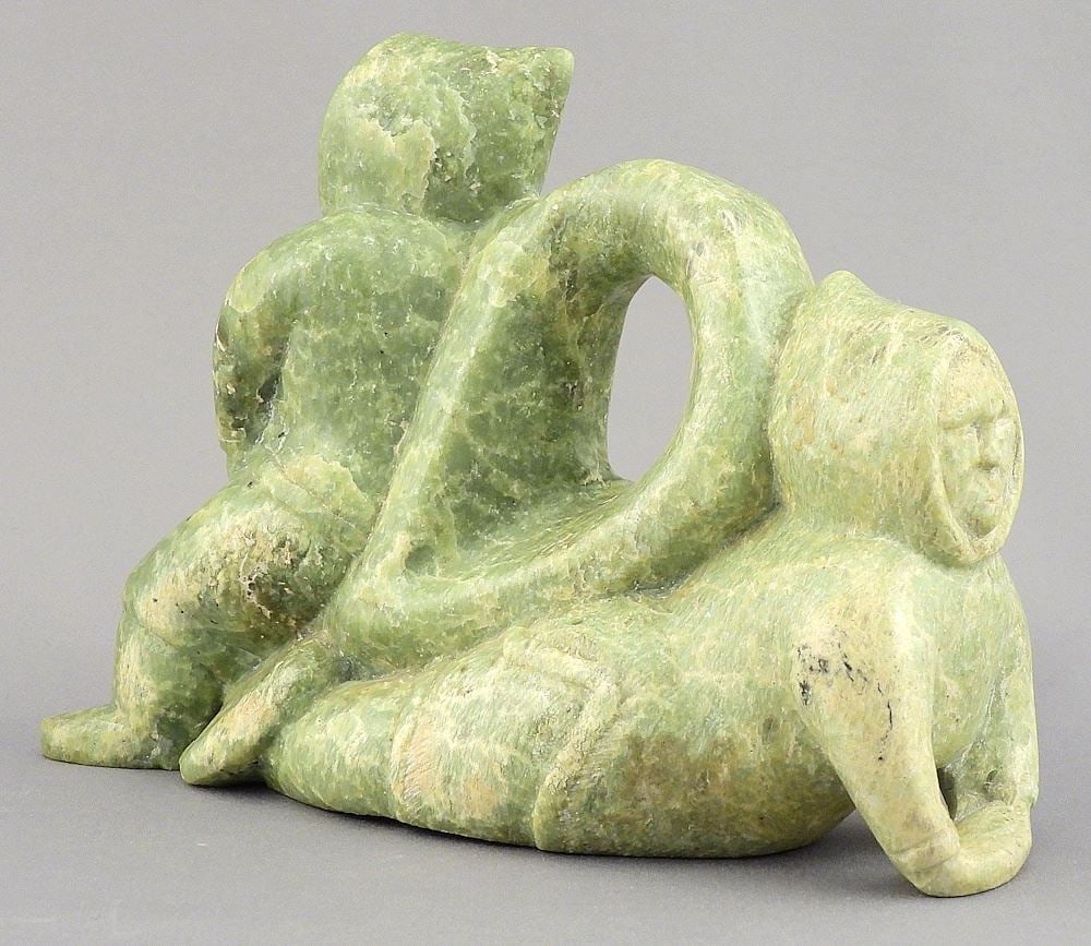 Inuit Greenstone Figure, 6 1/8"L, "Two People Playing". (1 of 4)