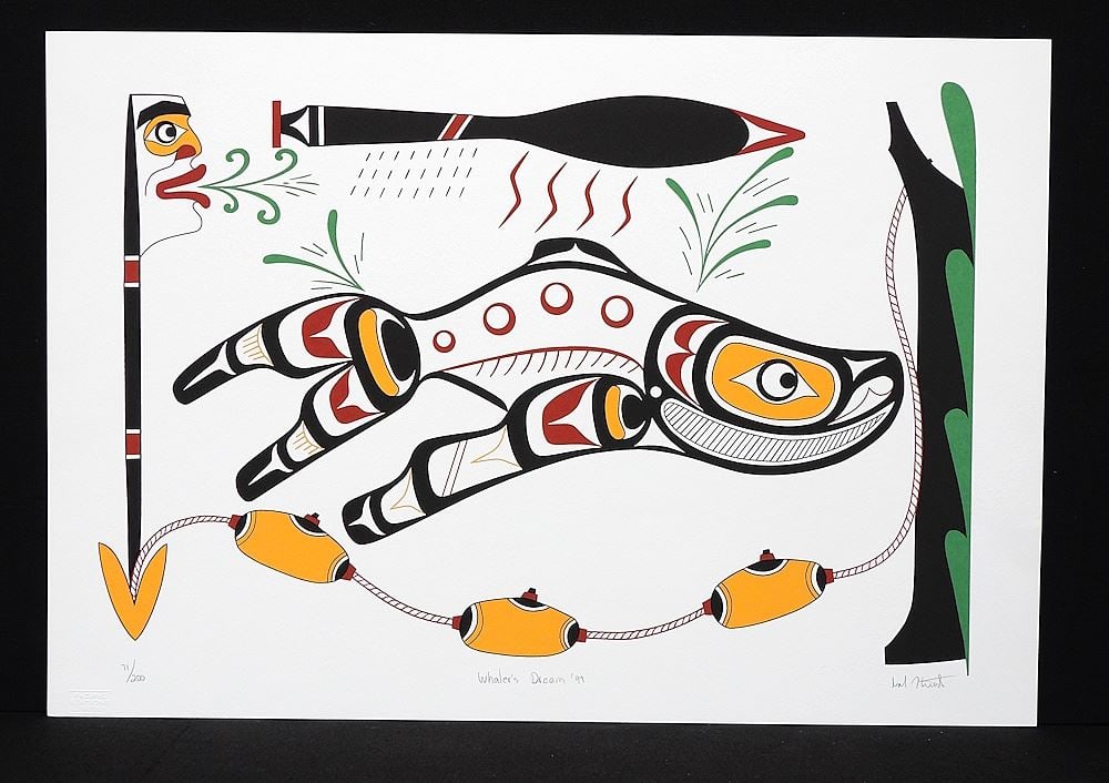 Kwagiulth Serigraph signed Cal Hunt, 15 x 22", "Whalers Dream '97", #71/ 200.: Kwagiulth Serigraph signed Cal Hunt, 15 x 22", "Whalers Dream '97", #71/ 200.