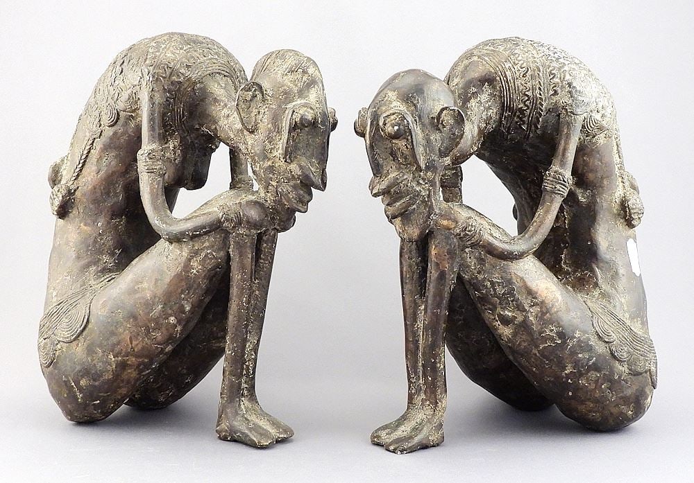 Two Benin Bronze Hunched Figures, 9"h. (1 of 3)