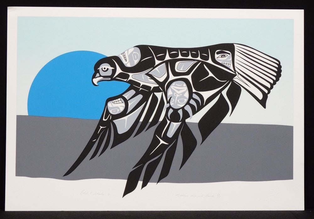 Gitksan Serigraph signed Robert E. Sebastian '91, 16 x 23 5/8", "Medicine Man & Hawk" #69/ (1 of 3)