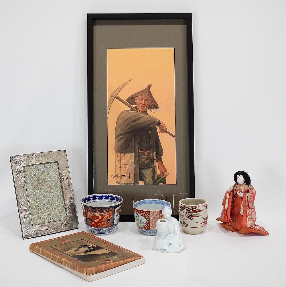 Collection of Japanese Sundries Including T. Nakayama Portrait Watercolour, 13 x 6 1/2".: Collection of Japanese Sundries Including T. Nakayama Portrait Watercolour, 13 x 6 1/2".